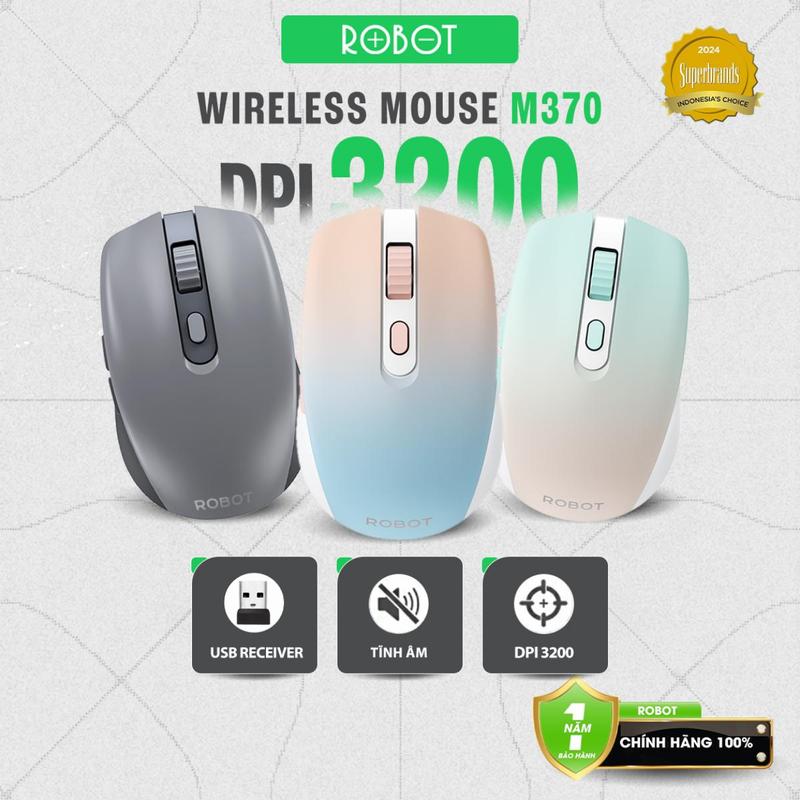 Chuột Không Dây ROBOT M370 Kết Nối 2.4GHz Silent | Độ Nhạy DPI 4 Cấp Độ 800/ 1600/ 2400/ 3200 | Dùng Văn Phòng Chơi Game Học Tập | Kèm Sẵn Pin