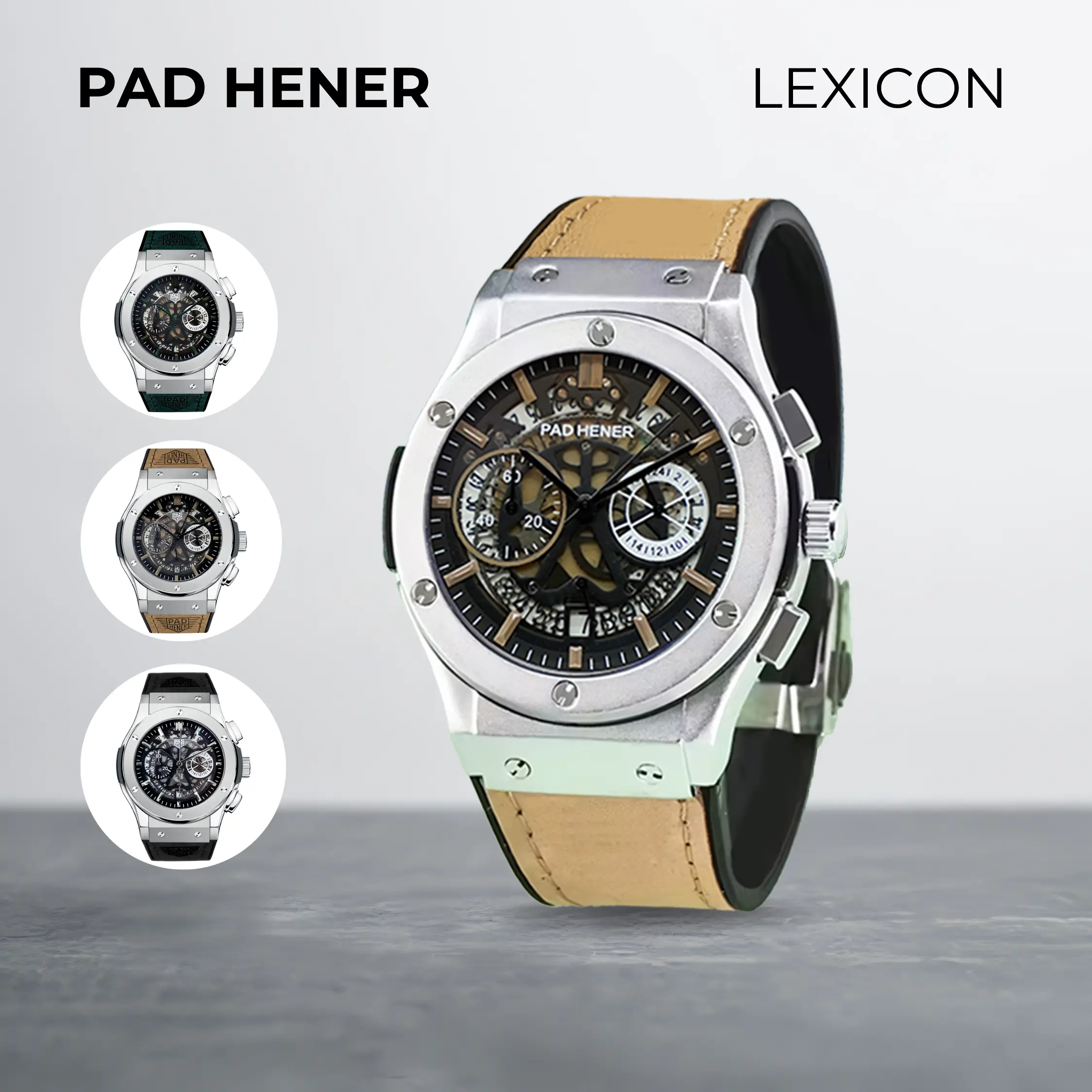 PAD HENER LEXICON Jam Tangan Unisex Analog Original Anti Air Tali Kulit Keren Army Green Luxury Chronograph Quartz Calendar Klasik Luminuous Glow Jam Tangan Cowok Multifungsi COD + Kotak Eksklusif