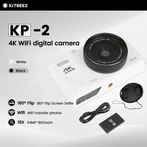 【KiTBEEZ KP-2】4K WiFi Digital Camera Digital Camera 64MP WiFi Digital Camera 4K 18X Digital Zoom 180° Flip Screen Selfile Vlog Video Recorder-WD08