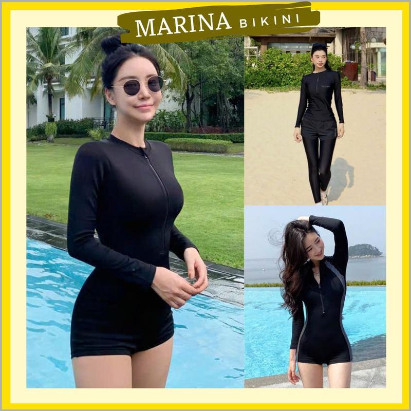 Đồ bơi nữ liền thân bikini đi biển một mảnh áo khóa zip quần đùi kín đáo Marina030