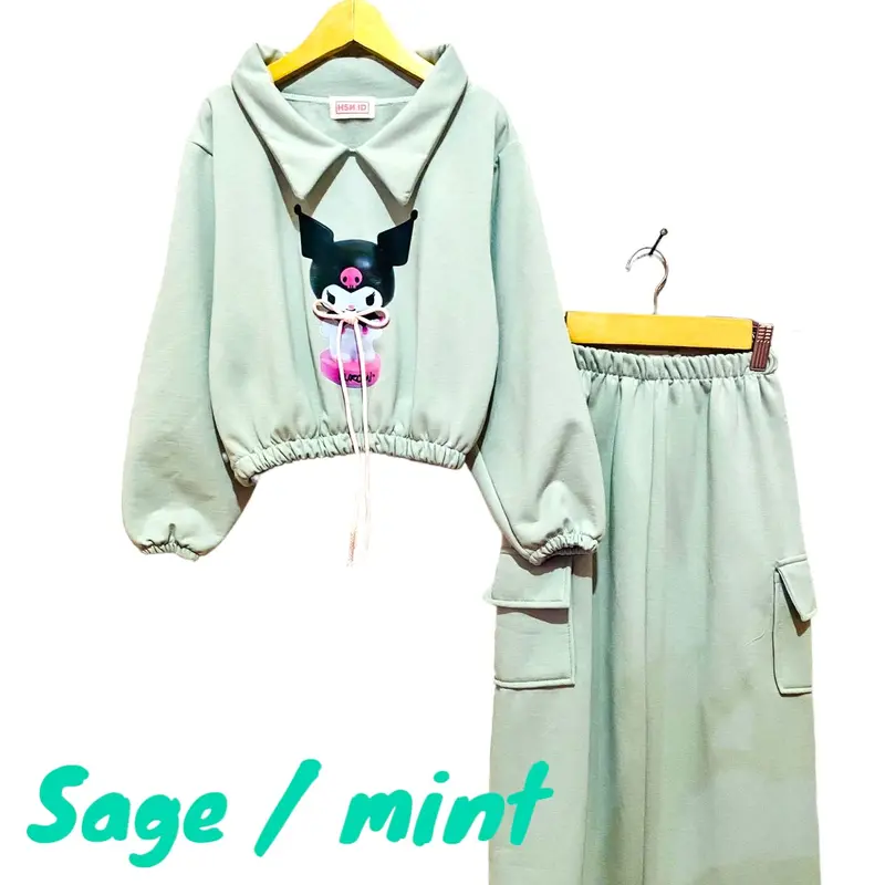 Baju Setelan Sweter Crop Anak Perempuan Gambar Kuromi Viral 3D tali Timbul Celana Cargo usia 2 sampai 12 Tahun 3
