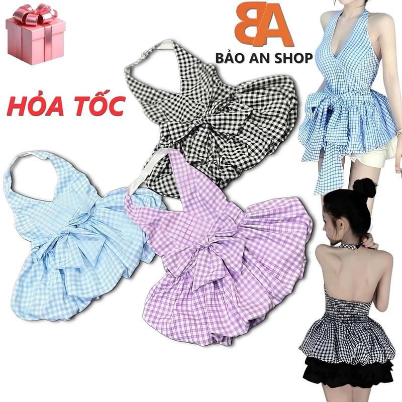 SB-102 Sét bộ nữ áo caro cổ yếm bí hở lưng trễ vai và chân váy 2 tầng có quần lưng thun eo 58-75cm Free Size dưới 54kg