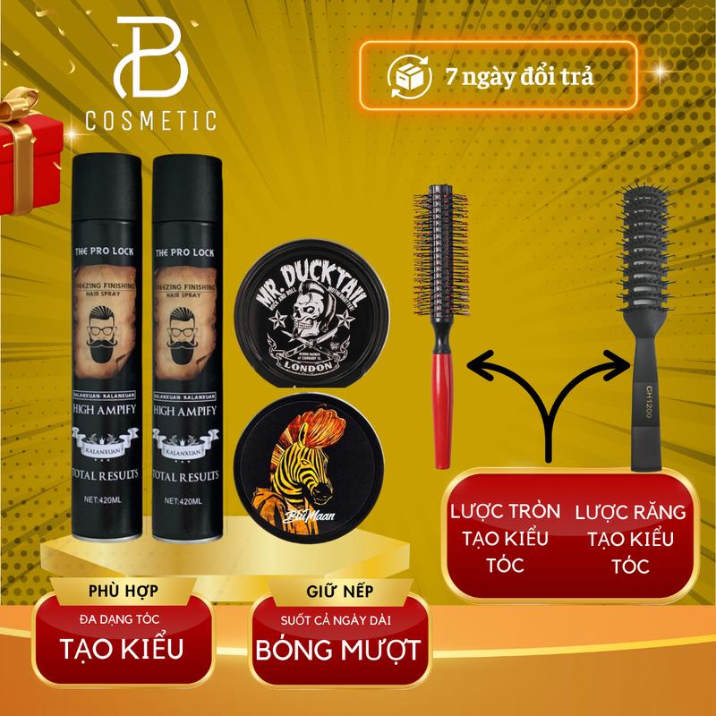 Combo 2 Sáp vuốt tóc Mr.duck - Ngựa vàng - 2 Gôm xịt tóc Sil -The Pro tặng lược tròn tạo kiểu - lược chaoba