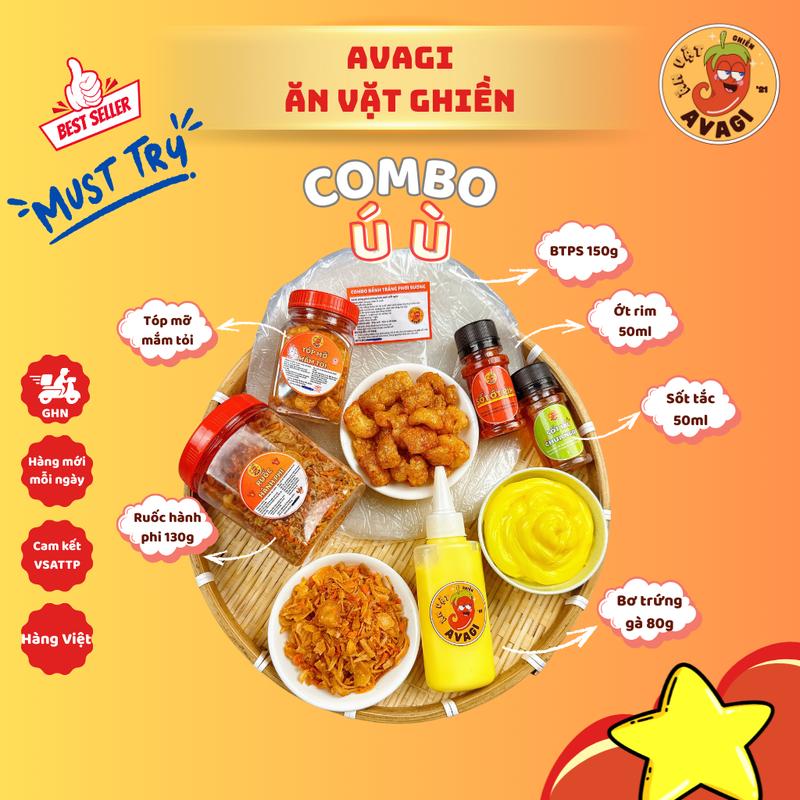 AVAGI COMBO Ú Ù Bánh Tráng Phơi Sương 150g Tóp Mỡ Giòn Bơ Béo Ruốc Hành Phi - Snack Vặt Avagi Siêu Hot