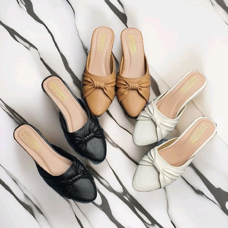 Giày sục nữ mũi nhọn trang trí nơ cao gót 5 phân - Shoes DéP Women dép
