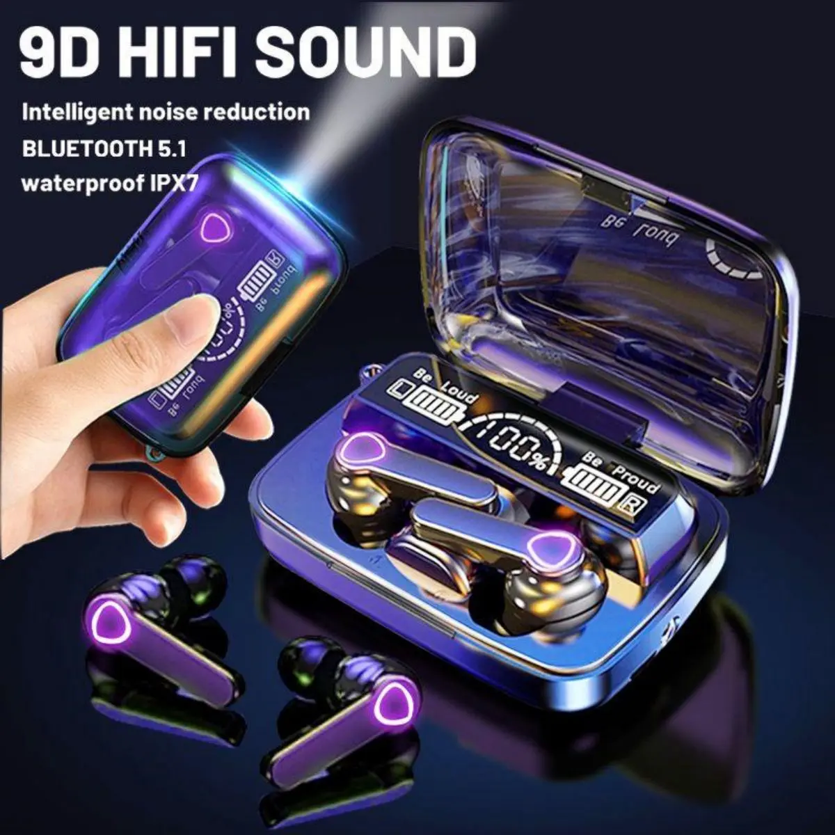 Tai nghe Bluetooth, M19 TWS, Tai nghe chơi game, Bluetooth không dây, Âm thanh HiFi 9D, Màn hình LED, Tai nghe, có Micrô, Pin dự phòng, có đèn pin
