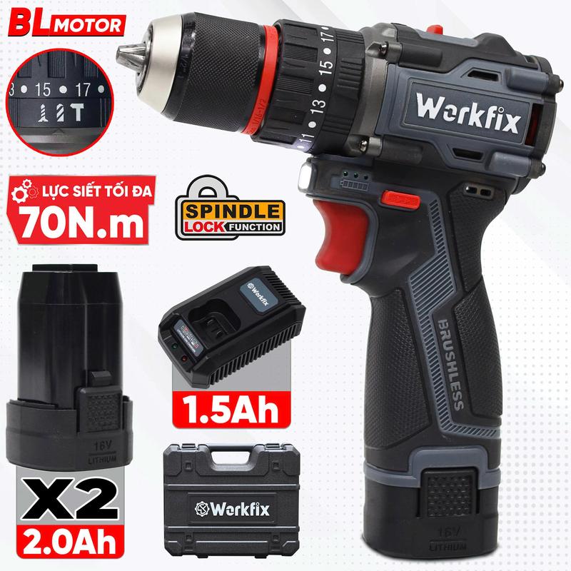 Máy Khoan 3 Chức Năng Workfix Nhỏ Gọn - Đầu Kẹp 13mm Auto Lock - ID1613BL - Lực Xoắn Tối Đa 70N- 2 Pin 16.8V 2Ah - Brushless Motor - Bảo Hành Chính Hãng 6 Tháng khoan không dây diy