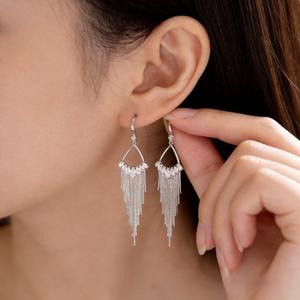 Long Silver Dangle Earrings with a Marquis-Shaped Pendant Embellished with Cubic Zirconia | Luxury Party Jewelry