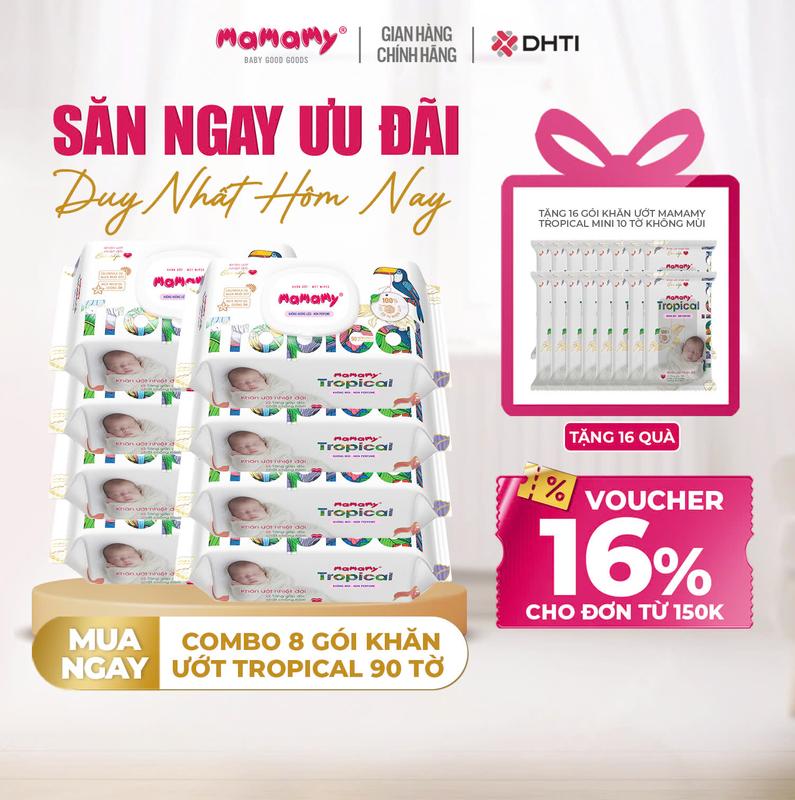 [MUA 8 TẶNG 16] MUA 8 gói khăn ướt Mamamy Tropical 90 tờ cao cấp chính hãng cho mẹ và bé, sợi vải thuần tự nhiên và rayon, x2 chất chống hăm, bổ sung tinh chất thiên nhiên TẶNG 16 gói khăn ướt Mamamy Tropical mini 10 tờ không mùi