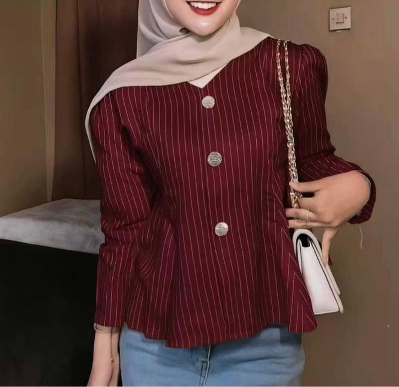 Arika Blouse Stripe Atasan Peplum Wanita Salur Lengan Puff Fit Body Fitted - Blouse Atasan Wanita Panjang Baju Kerja Cewek Casual