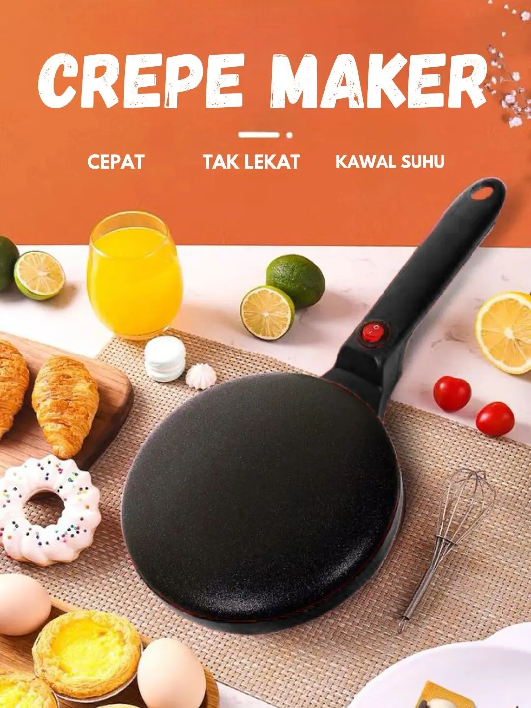 Crepe Maker Elektrik Pan Datar Anti Lengket Alat Pembuat Crepe Praktis Mudah Digunakan Cepat Panas Cocok untuk Leker Dadar Gulung Martabak Tipis Roti Leker Pancake