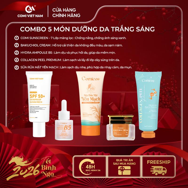  Combo 5 Món Chăm Sóc Da Toàn Diện Comi: Peel Collagen 4K 75ml  + Serum B5 HA 20ml  + Kem Face Huyết Yến Bakuchiol 20g  + Sữa Rửa Mặt Yến Mạch 100ml  + Kem Chống Nắng SPF 50+ 