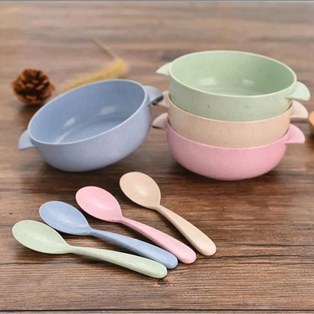 GwenyCollection - Mangkok Set Sendok Bayi Bahan Jerami Serat Gandum Tebal Biru Perlengkapan Pink Hijau Cream Straw Wadah alat  makan peralatan  mpasi tempat  mpasi