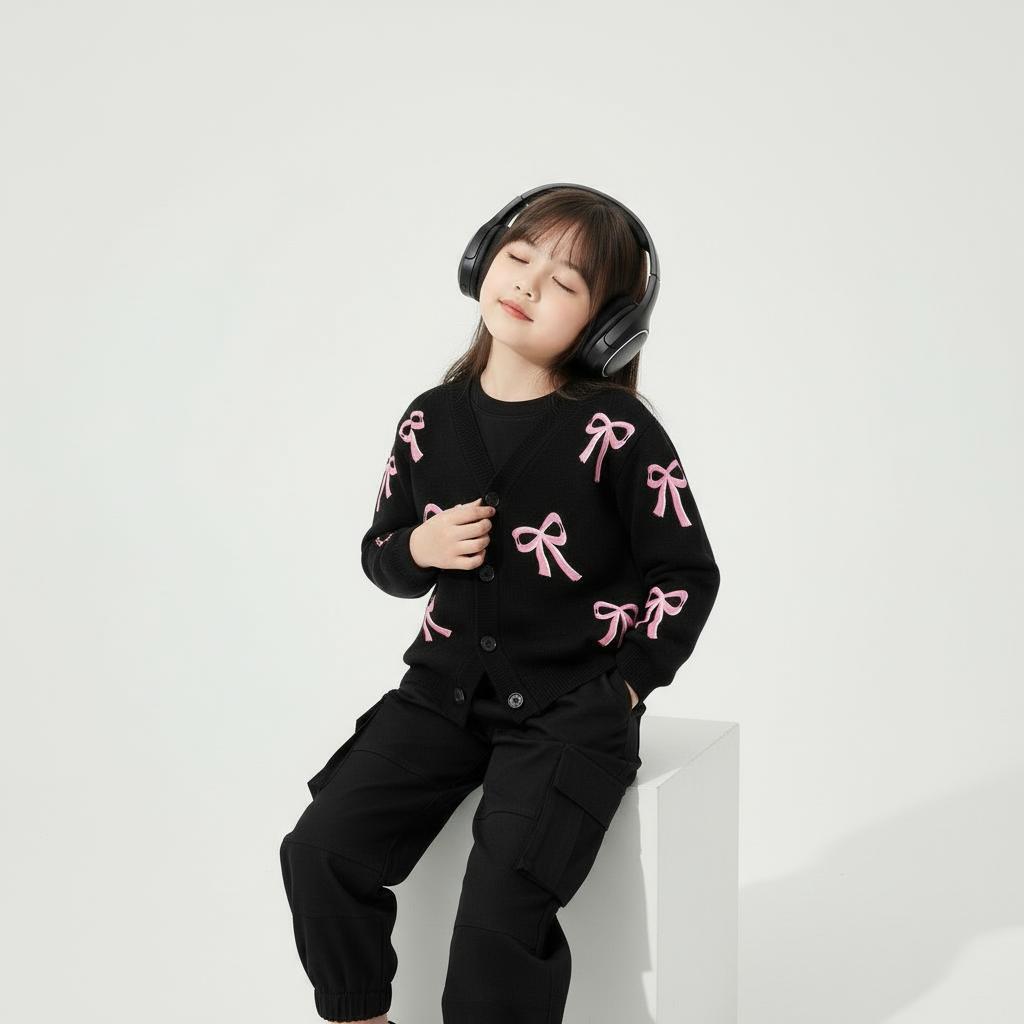 CAIFU Cardigan Pita Hitam Anak Perempuan Cardi Lengan Panjang Atasan Y2K Usia 3-12 Tahun Bahan Lembut Halus Nyaman Adem Variasi Warna Pastel Cantik Fashion