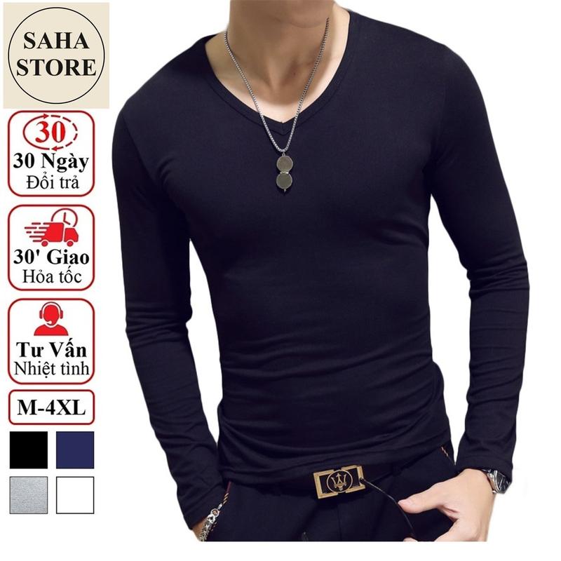 Áo thun nam dài tay SAHA361 trơn cổ tim tròn đen trắng xanh than xám body cotton phông giữ nhiệt thu đông classic