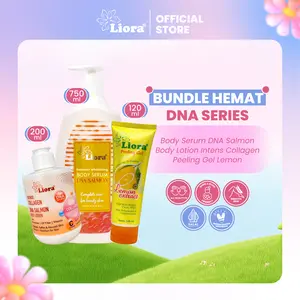 [Bundle Hemat DNA Series - 3 PCS] LIORA Body booster Serum DNA Salmon 750 ML + Body Lotion Intense Collagen 200ML + Peeling Gel Lemon 120ML | Body serum mencerahkan dan perawatan tubuh exfoliating perontok daki seluruh badan Extract Kotoran Leher Cair