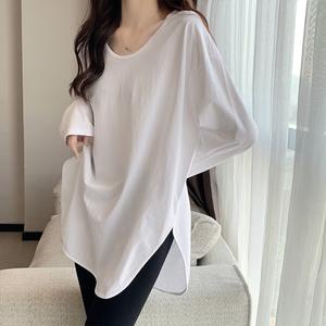 Women's U Neck Long Sleeve Top, Spring & Fall New Design, Unique Asymmetrical Split Hem, Medium-Length Casual Wear 745# Womenswear Baggy Basic Loose Minimalist Oversize