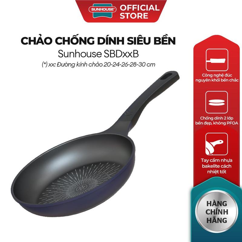  Chảo chống dính KHÔNG TỪ siêu bền Sunhouse SBDxxB - Chống dính 2 lớp - Tay cầm cách nhiệt - Vân đá truyền nhiệt tốt 
