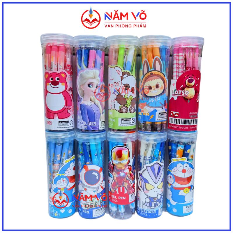 [ BẤM ] LON 12 Cây Bút Gel Bấm Xóa Được - Viết Gel Bấm Xóa Được Ngòi 0.5mm Nhiều Mẫu Dễ Thương Capy Bara, Phi Hành Gia,..Mực Đậm, Đẹp (Mẫu Ngẫu Nhiên)