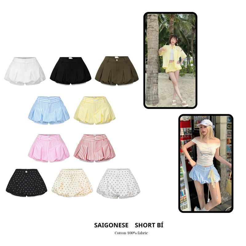 Quần Short Bí Phồng phối ren họa tiết chấm bi, sọc Y2K cạp trễ SAIGONESE Nữ đi biển, hằng ngày
