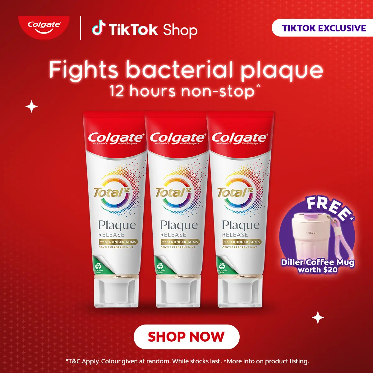 COLGATE Total Plaque Release Gentle Fragrant Mint/Reviving Cool Mint Toothpaste 95g [Bundle of 3] + FREE Diller Mug (colour may vary)