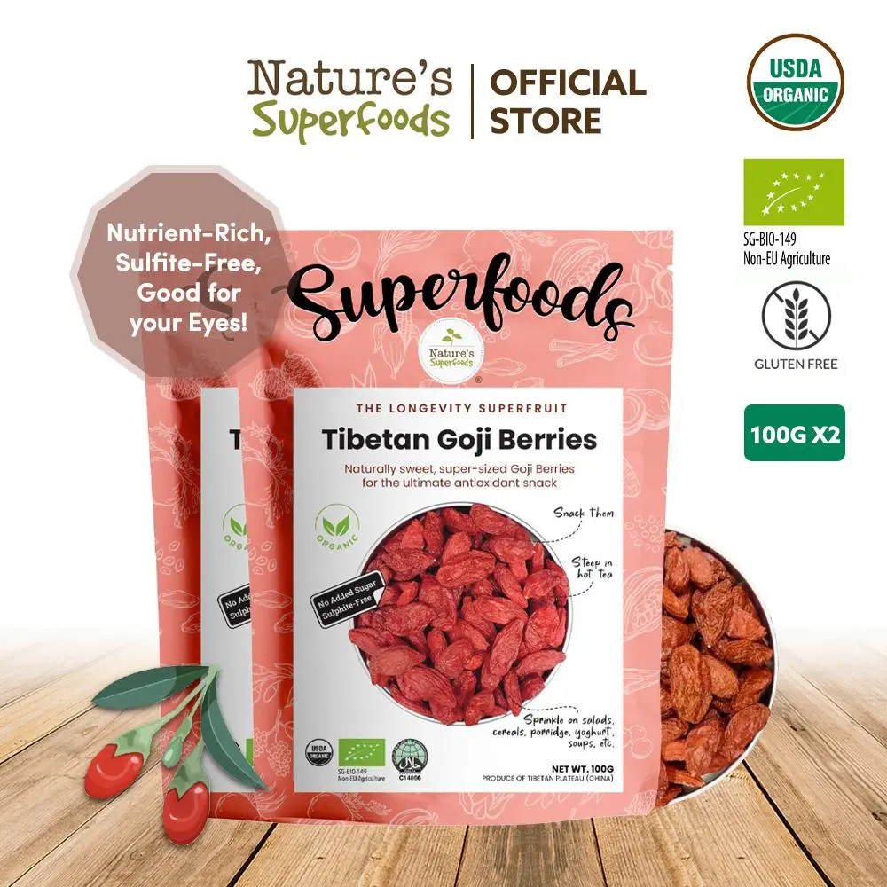 Bundle Deal: Nature's Superfoods Organic Dried Tibetan Goji Berries 100g x2 l Super-size l Naturally Sweet (SULFITE FREE