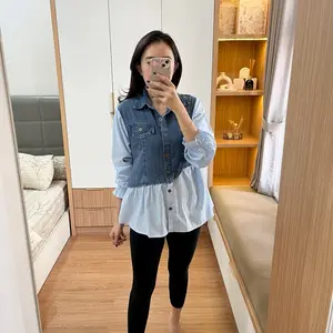 SHELBY Kemeja LD 110 & 120 Salur Denim - Atasan Wanita Rompi - Blouse Salur Combinasi Jeans - Casual Top