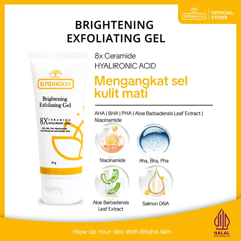 Elfisha Skin - Brightening Exfoliating Gel 8X CERAMIDE 75gr Perontok Komedo di Wajah Exfoliasi  dengan kandungan AHA BHA Pha, CERAMIDE Dan Niacinamide 4