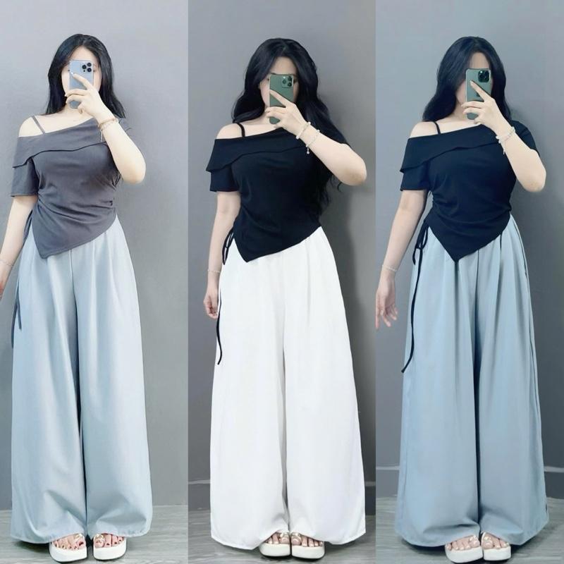 Sét trễ vai bigsize nữ ( có bán lẻ) áo trễ vai lệch tà có dây rút thắt eo, kèm quần suông ống rộng cho nữ có đủ size 55-95kg nhiều màu g213, q530 Đậu bigsize