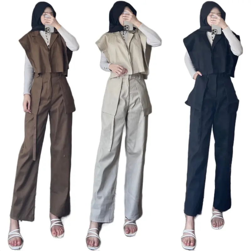 JN- Oneset Korean Fujian Vest Set Celana Katun Linnen Premium Super Tebal Casual  Wanita Setelan Atasan Fit Top Bawahan Panjang Baju Oversize Outer Linen Blazer Kulot Dewasa Formal Hitam 0