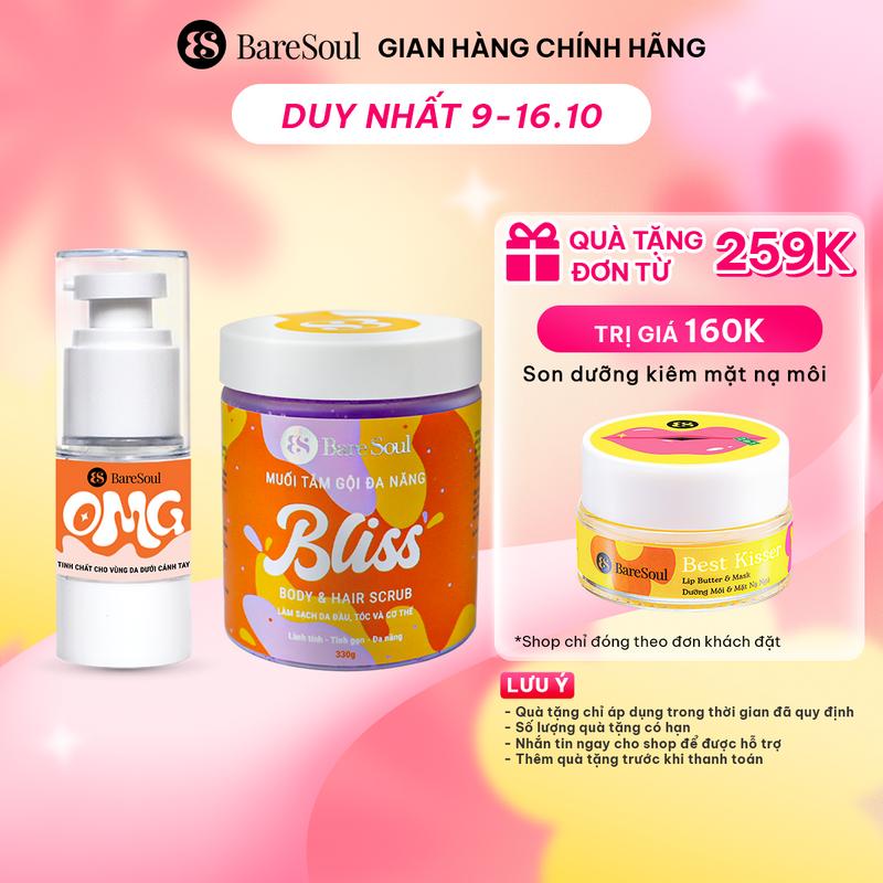 Combo Serum cho nách hỗ trợ che khuyết điểm, hỗ trợ giảm thâm nách & hỗ trợ làm sáng nách BareSoul OMG 20G + Muối tắm gội hỗ trợ tẩy tế bào chết da đầu cơ thể BareSoul BLISS 330g