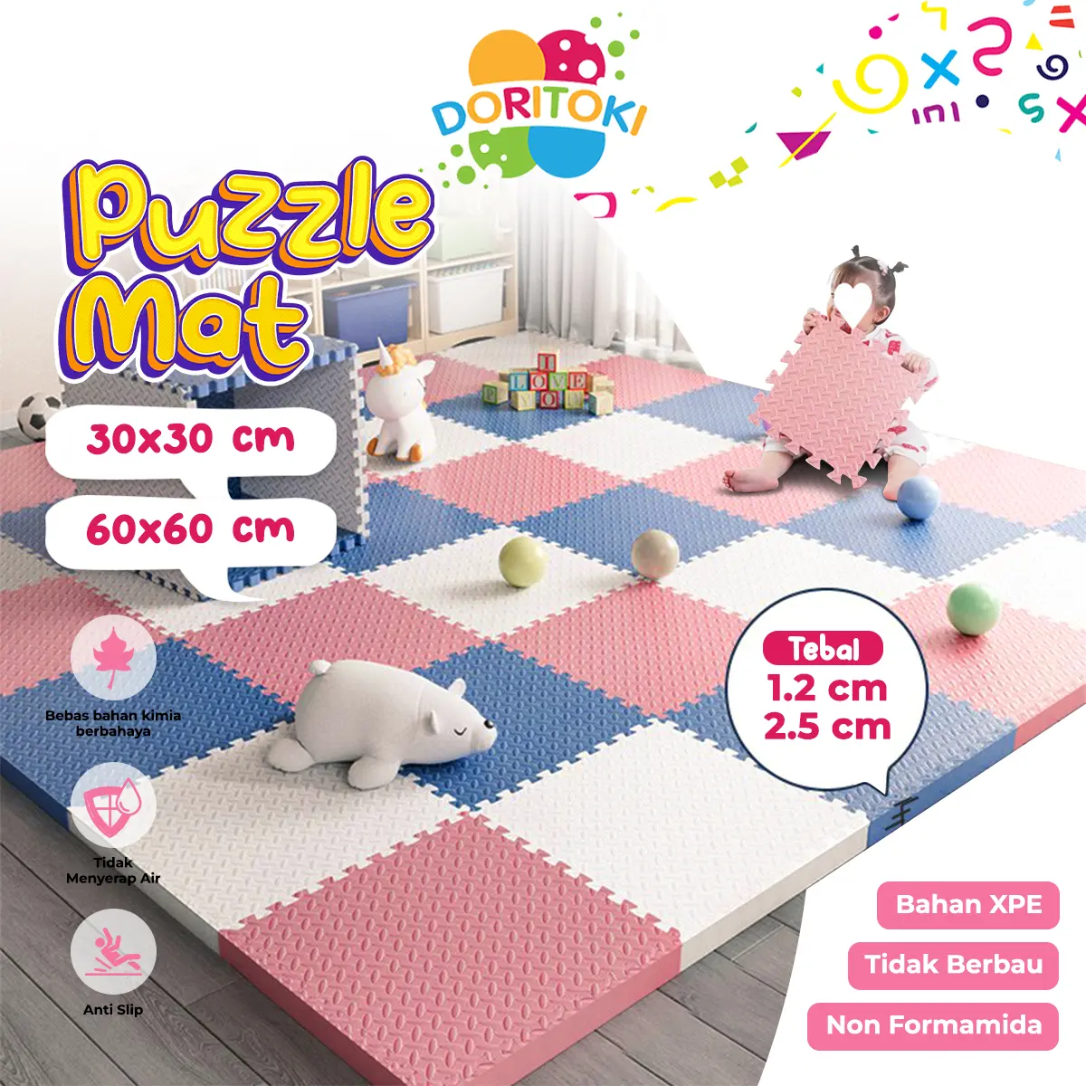 Doritoki Puzzle Eva Karpet Puzzle Lantai Premium Ketebalan 12MM Dan 20MM Ukuran 30 X 30CM + Pinggiran Per Pack