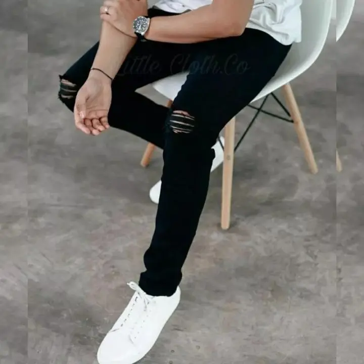 Celana Jeans sobek lutut robek ripped Hitam destroy premium