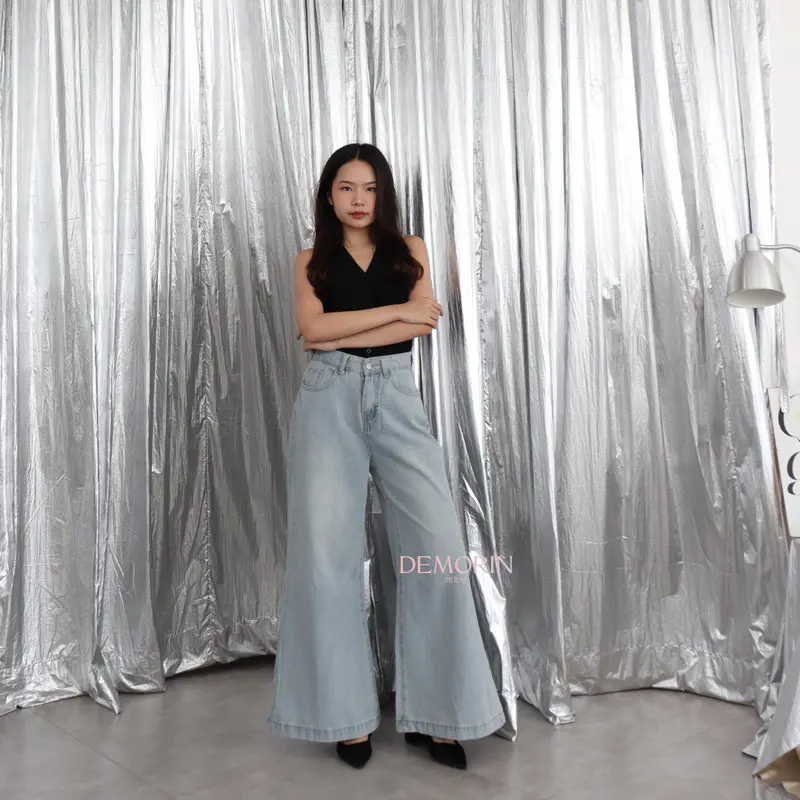 X9261 | Celana Panjang Jeans Cewek High Waist Wanita Wide Leg Palazzo Washed Blue Korean Trousers DEMORIN 2