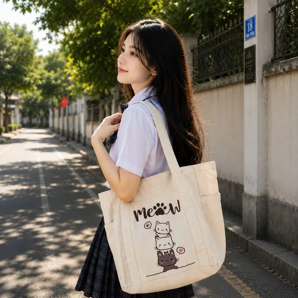 Túi Vải Canvas Túi ToTe 4 Ngăn Kiểu Dáng Cute Đi Chơi, Mua Sắm Kích thước 40cm x 30cm Loại Có Khóa kéo, Chất Vải Dầy Dặn