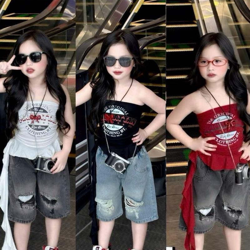 A33- Set áo thun cotton hai dây cá tính, kèm quần jean mềm dành cho bé gái (9-32kg)