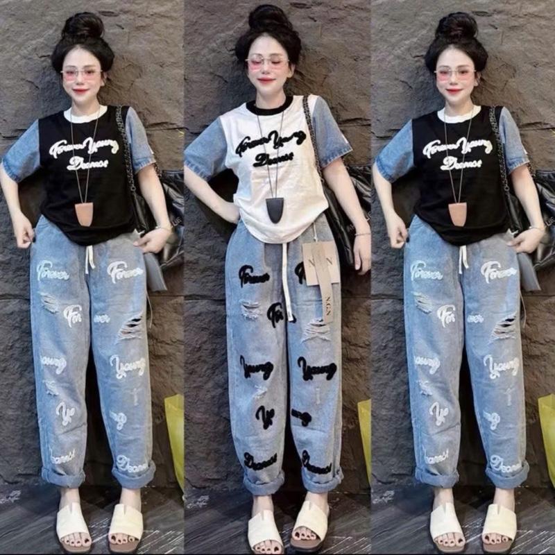 Sét bộ nữ QUẦN JEAN BAGGY áo thun phối chữ thêu thời trang _Kèm hình thật trải sàn Size 40kg-55kg