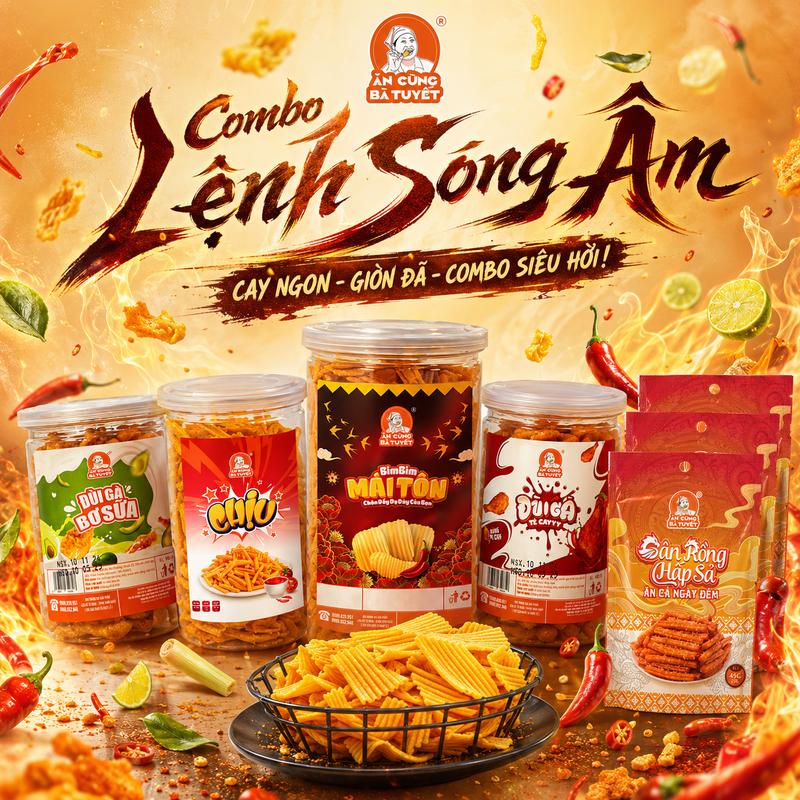 Combo LỆNH SÓNG ÂM: 1 hũ chịu - 1 hũ đùi gà tê cay - 1 hũ đùi gà rong biển - 1 hũ bimbim mái tôn - 3 gói gân rồng - ĂN CÙNG BÀ TUYẾT M41