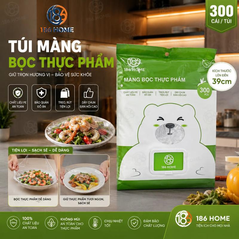 Túi Màng Bọc Thực Phẩm PE LOẠI LỚN - 186HOME, Túi 300 Cái rộng 39cm - Có Chun,…