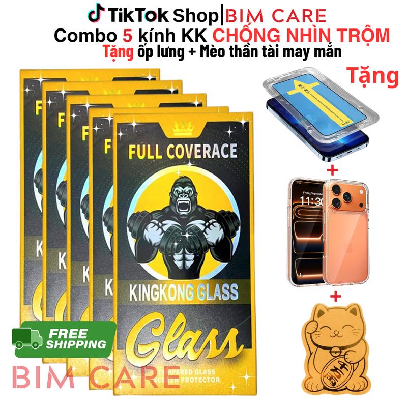 CHỐNG NHÌN TRỘM Kính Cường Lực Kingkong Glass Chống Nhìn Trộm Cho iPhone Có Khung Tự Dán Tại Nhà Tặng 1 Ốp Trong Chống Sốc + 1 Mèo Thần Tài May Mắn khi mua combo 5 BIMCARE