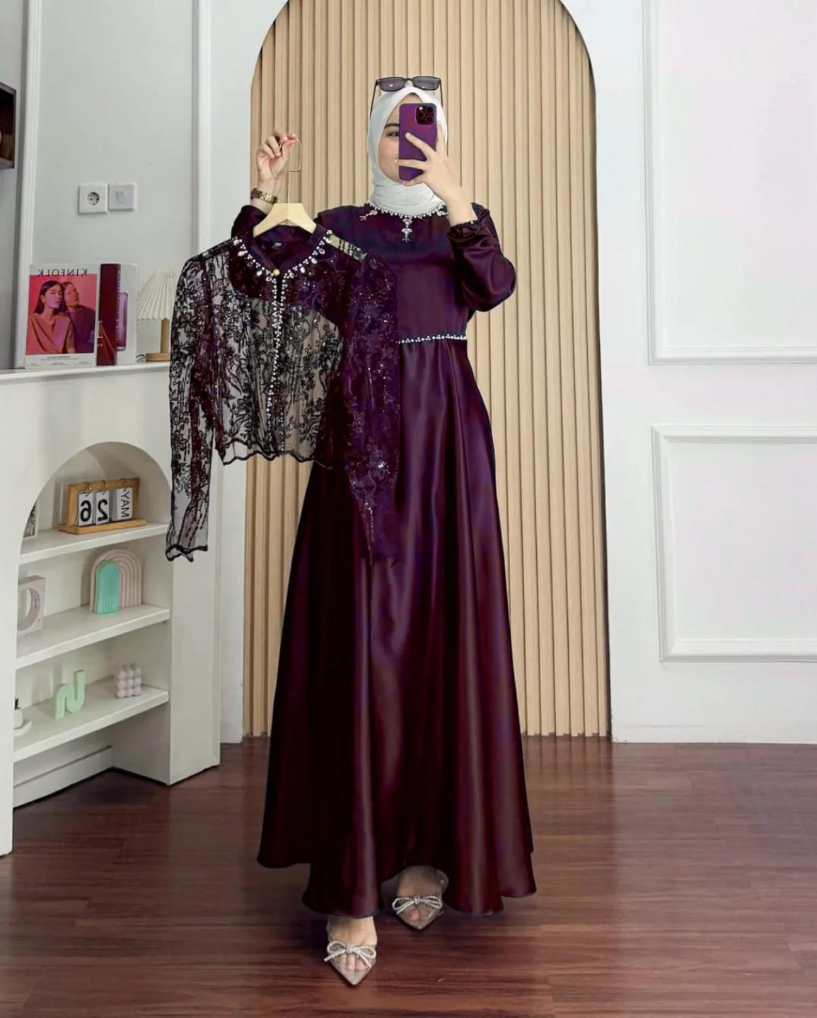 Gamis Wanita Lebaran Terbaru 2026 Sakura Dress Gamis Trend Warna Mahogany Slik Brukat Payet Premium