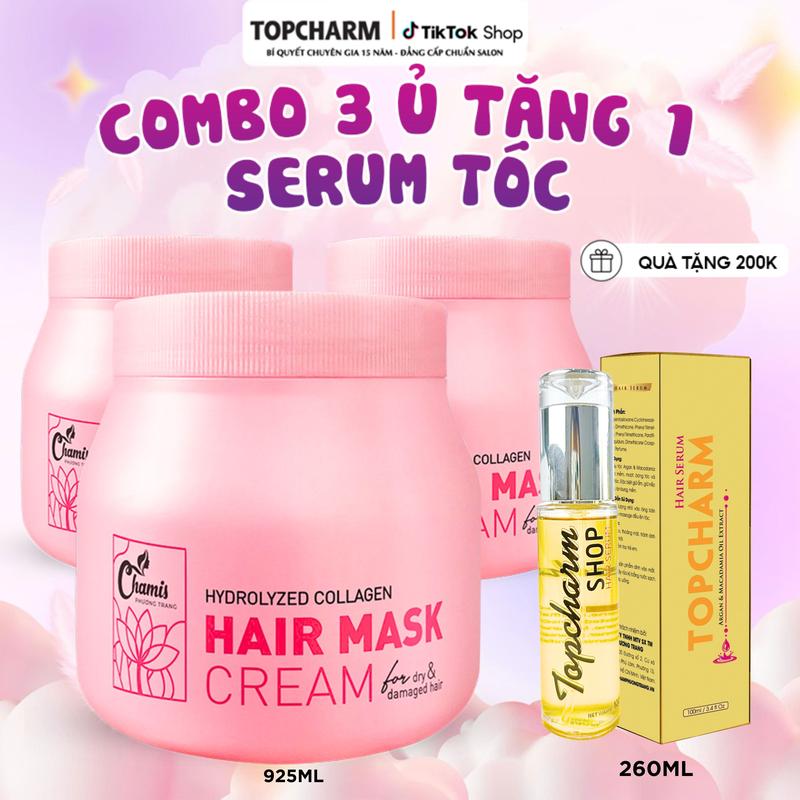   COMBO 3 Ủ TẶNG 1 SERUM TÓC  TOPCHARM Kem ủ tóc Collagen phục hồi tóc hư tổn giúp tóc bóng mượt hương nước hoa dịu nhẹ lưu hương 24h x10 collagen Chamis 925ml Chăm Sóc Tóc Nữ Women Dưỡng Tóc 