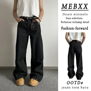 MEBXX Jeans Lurus Longgar Hitam Mentah untuk Pria Celana Kaki Lebar Serba Gunanya Gaya Korea yang Simpel dan Modis Bahan Denim Nyaman Panjang