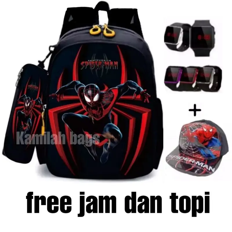 tas anak laki - tas anak Spiderman - tas sekolah anak laki - ransel sekolah anak laki (BONUS TOPI & JAM LED) 0