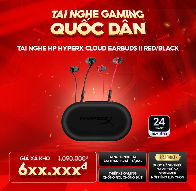 HYPERX Tai Nghe Gaming Cloud Earbuds II Red - Thiết Kế Chống Rơi, Âm Thanh Chất Lượng Cao, Tương Thích PC, Laptop, Steam Deck, Nintendo Switch - Bảo Hành 24 Tháng