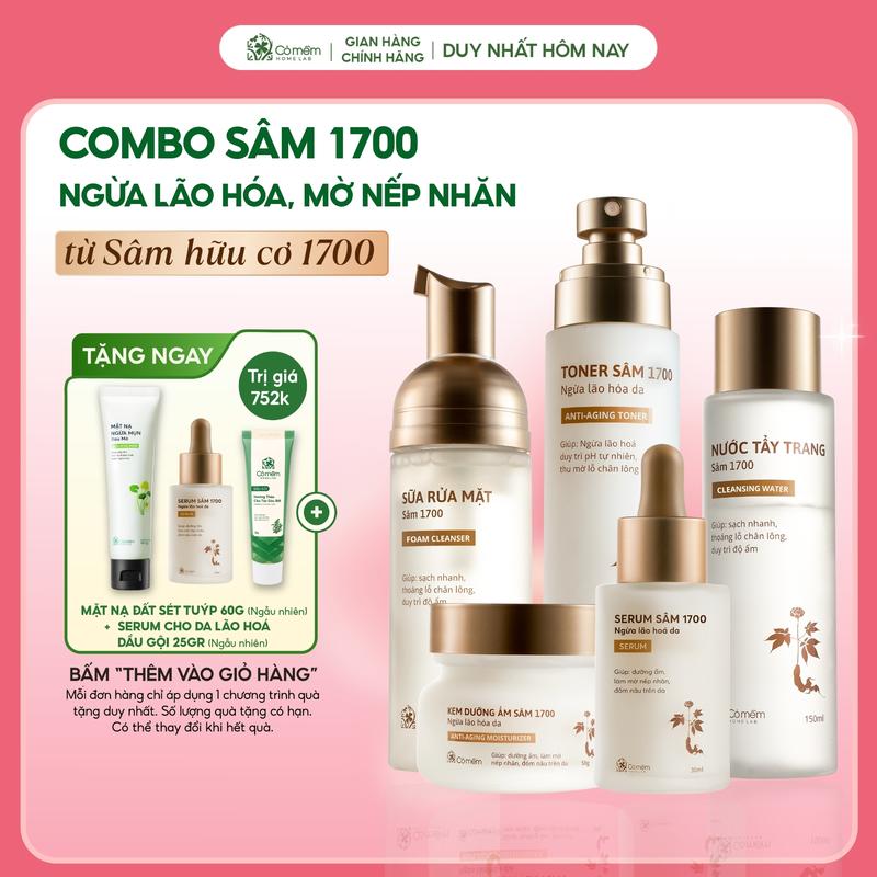 [COMBO TẶNG 2 QUÀ MIỄN PHÍ] Combo Chăm Sóc Da Giúp Ngừa Lão Hoá Da Nước Tẩy Trang Sữa Rửa Mặt Toner Serum Kem Dưỡng Kem Chống Nắng Sâm 1700 Cỏ Mềm