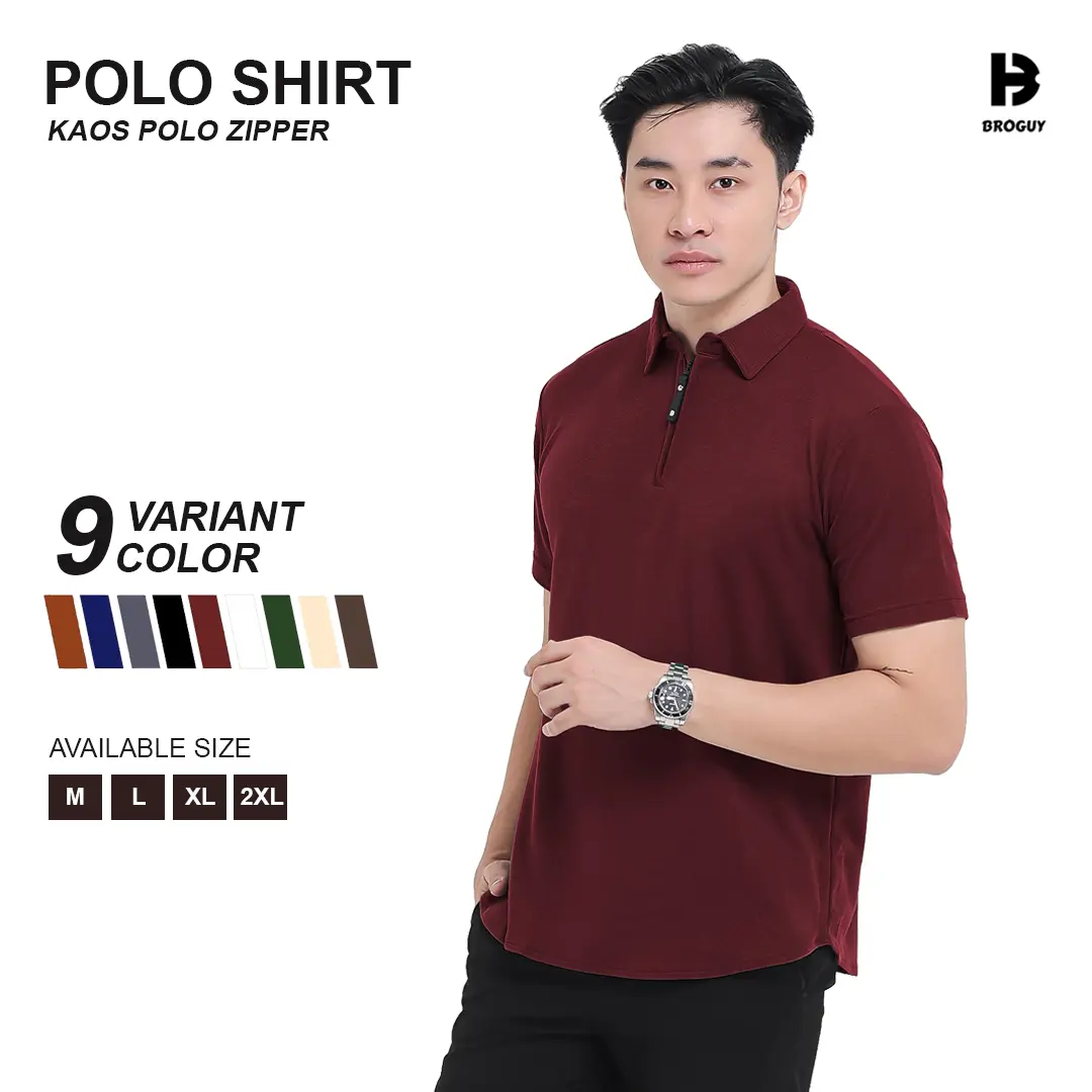 BROGUY Kaos Polo Shirt Pria Kerah Lengan Pendek Zipper Casual Distro Maroon