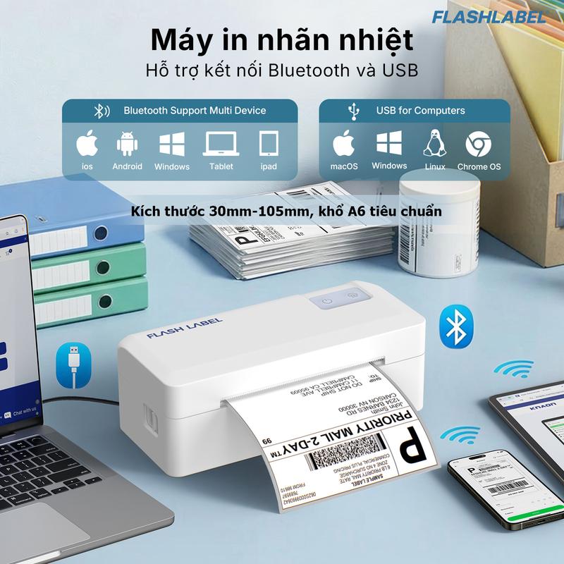 Máy in nhiệt Y41 hỗ trợ Bluetooth cho điện thoại di động và kết nối dây usb với máy tính. Là dòng máy in nhãn dán di động phù hợp cho kho hàng, siêu thị và ngành logistics, hỗ trợ in vận đơn khổ A6 mà không cần dùng mực.