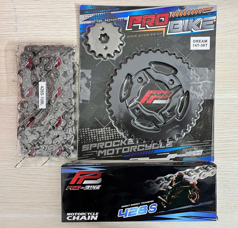 Bộ nhông sên dĩa Pro-Bike tán đúc cho Wave nhỏ, Dream, Future 1 có thông số 14T - 36T- Sên 428 (sên 9ly dài 104 mắc)(060030))