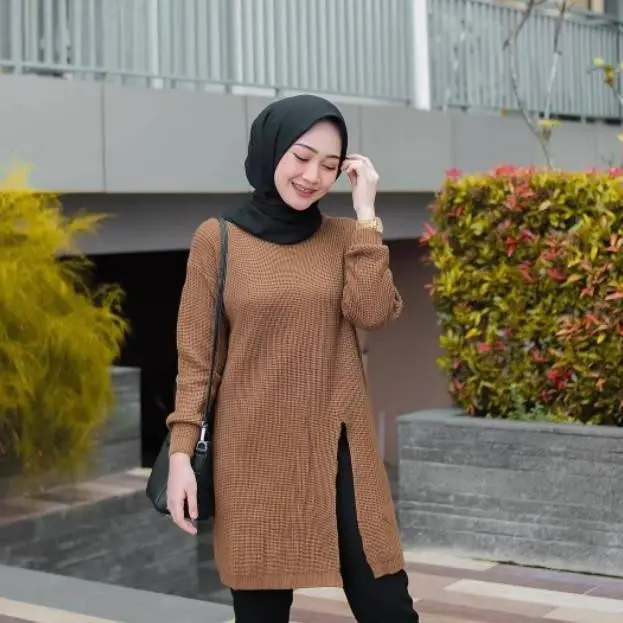 KAHFI HR Sweater Tunik Slit Rajut Belah Pinggir Samping